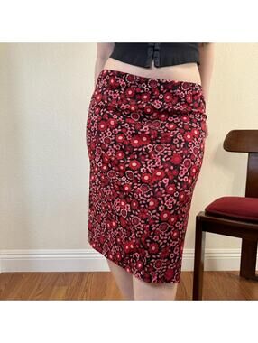 Y2K Midi knee Length Skirt Red & Pink Floral Print By Loved One